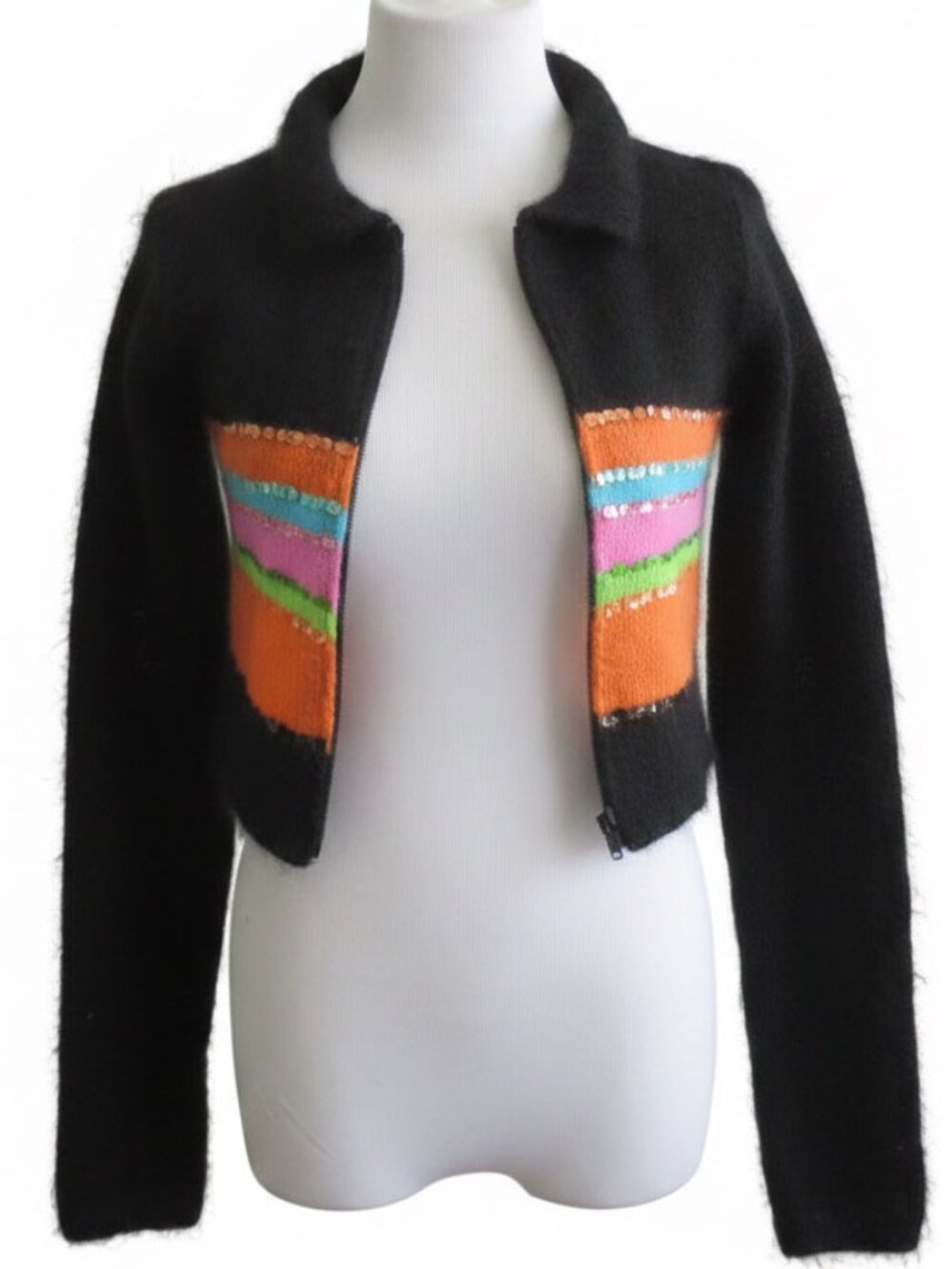 Y2K Cropped Striped Sequin Mohair Cardigan Sweater Size XS - Picture 5 of 12